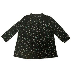 Torrid Floral Babydoll Blouse Size 2 2X Black Eyelet Lace Inset 3/4 Sleeve